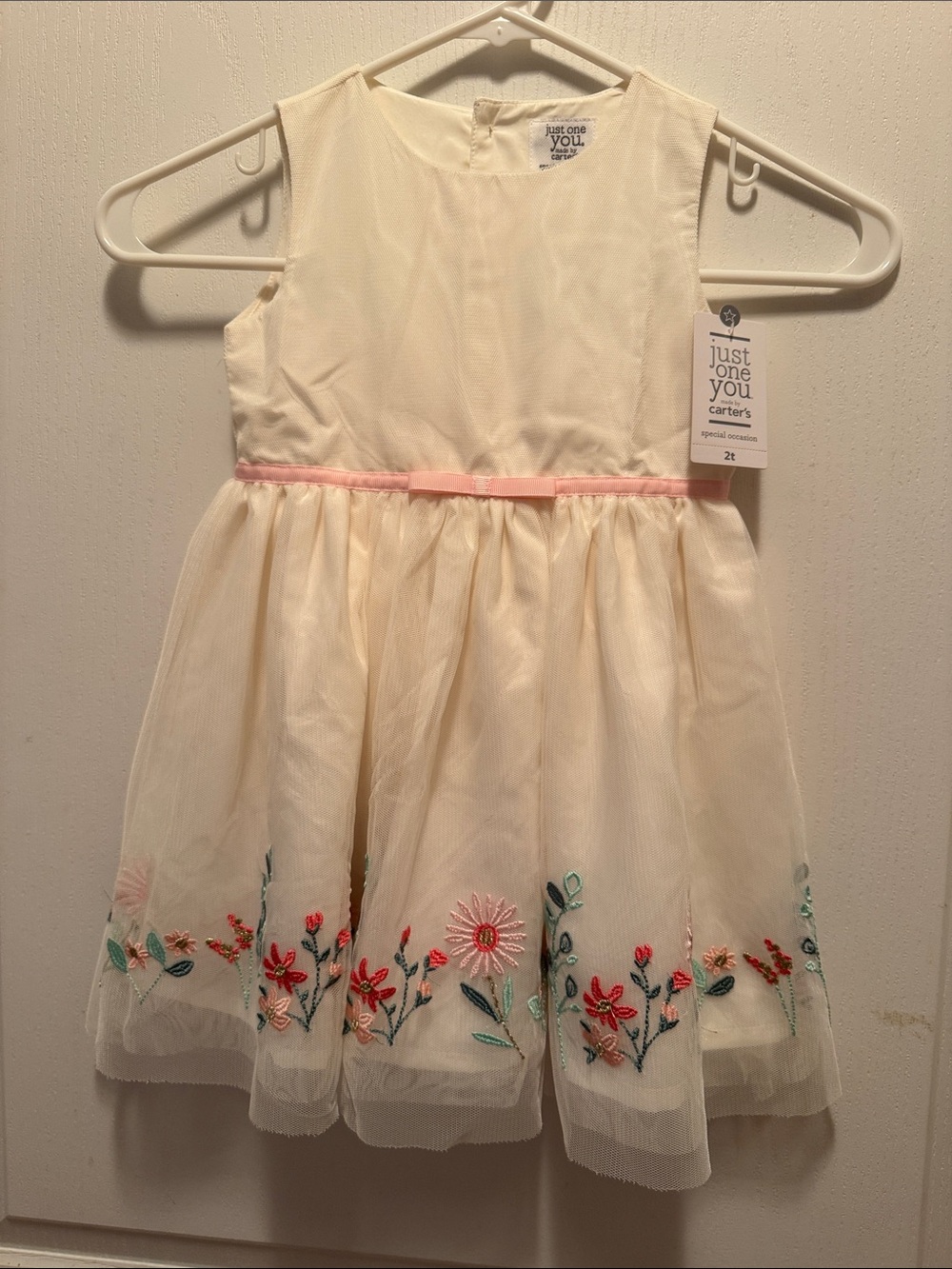 Carter's Cream Tulle Dress with Pink Ribbon and Floral Embroidery